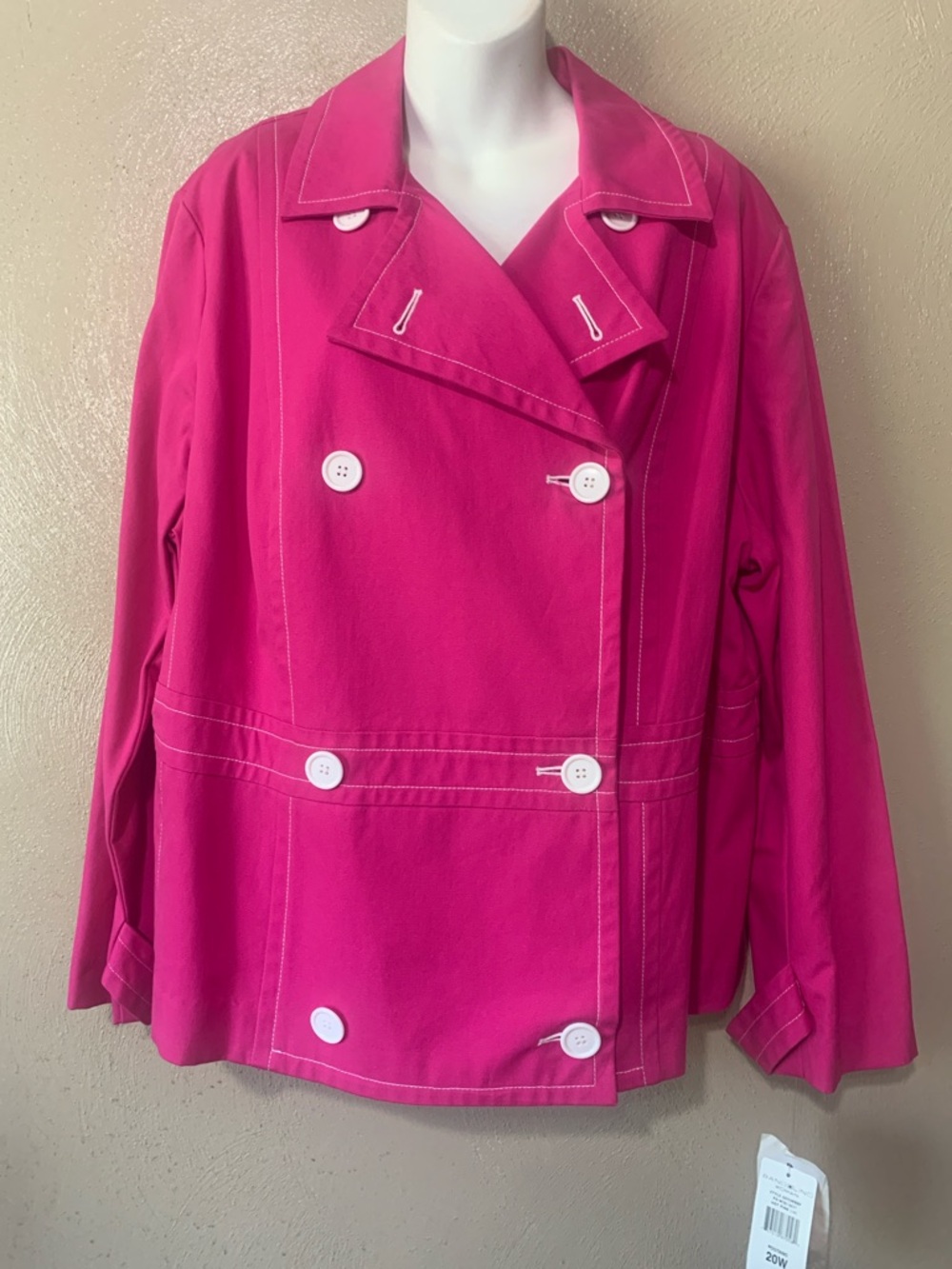 Bandolino size 20W Hot Pink Double-Breasted Pea Coat White Stitching NWT